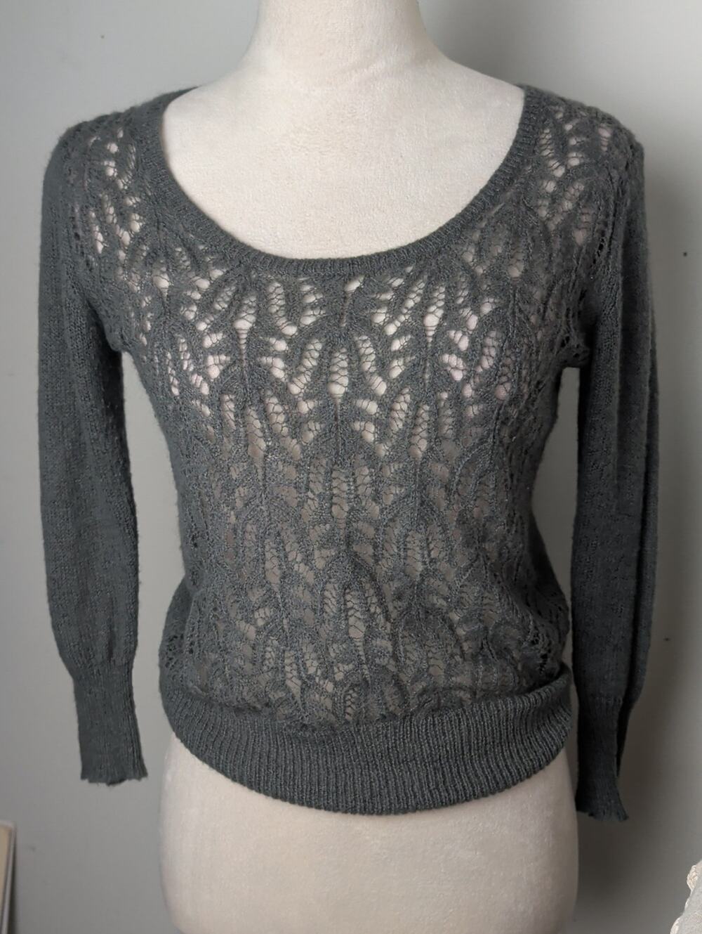OVS Italy Gray Lace Knit Wool Blend Sweater Coquette Cottagecore Balletcore S-M